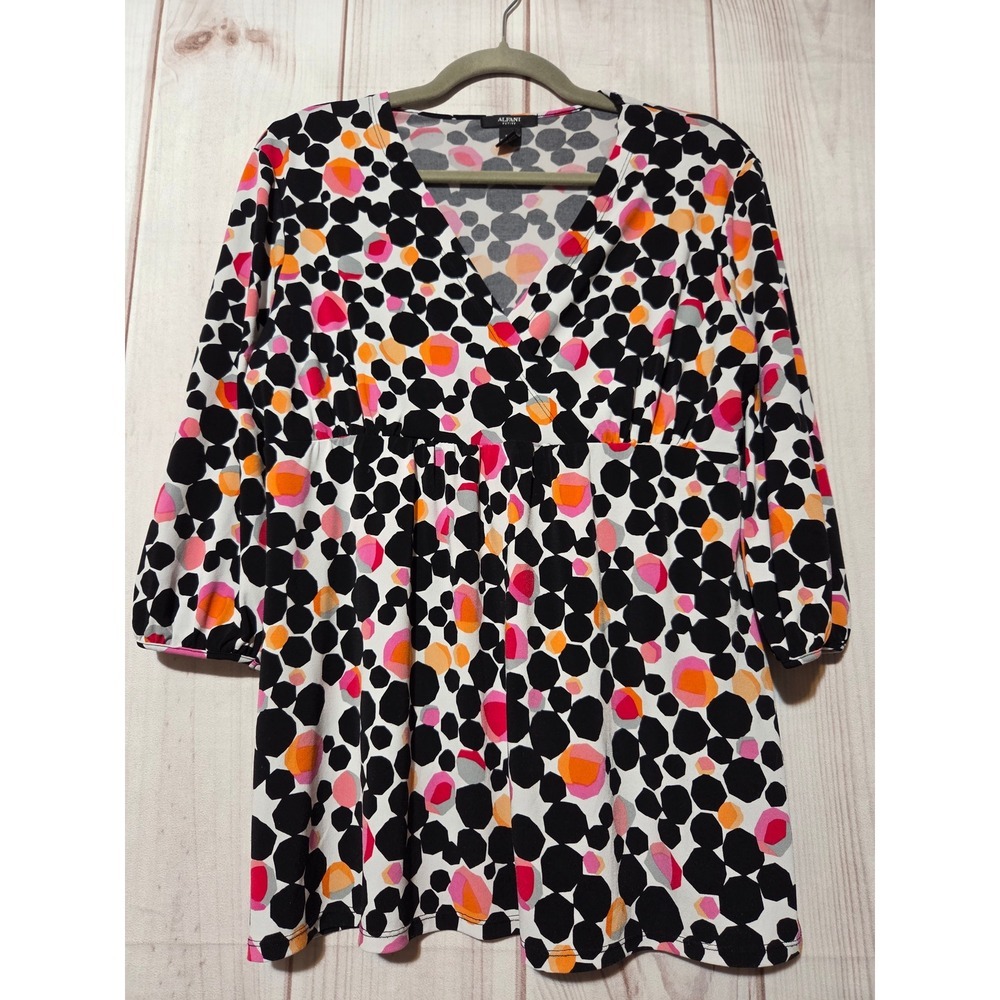 Alfani Petite Womens PM Geometric Print Empire Waist Tunic Top 3/4 Sleeve Pink